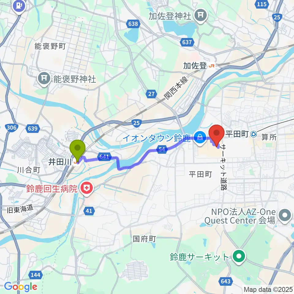 井田川駅からイオンシネマ鈴鹿へのルートマップ地図