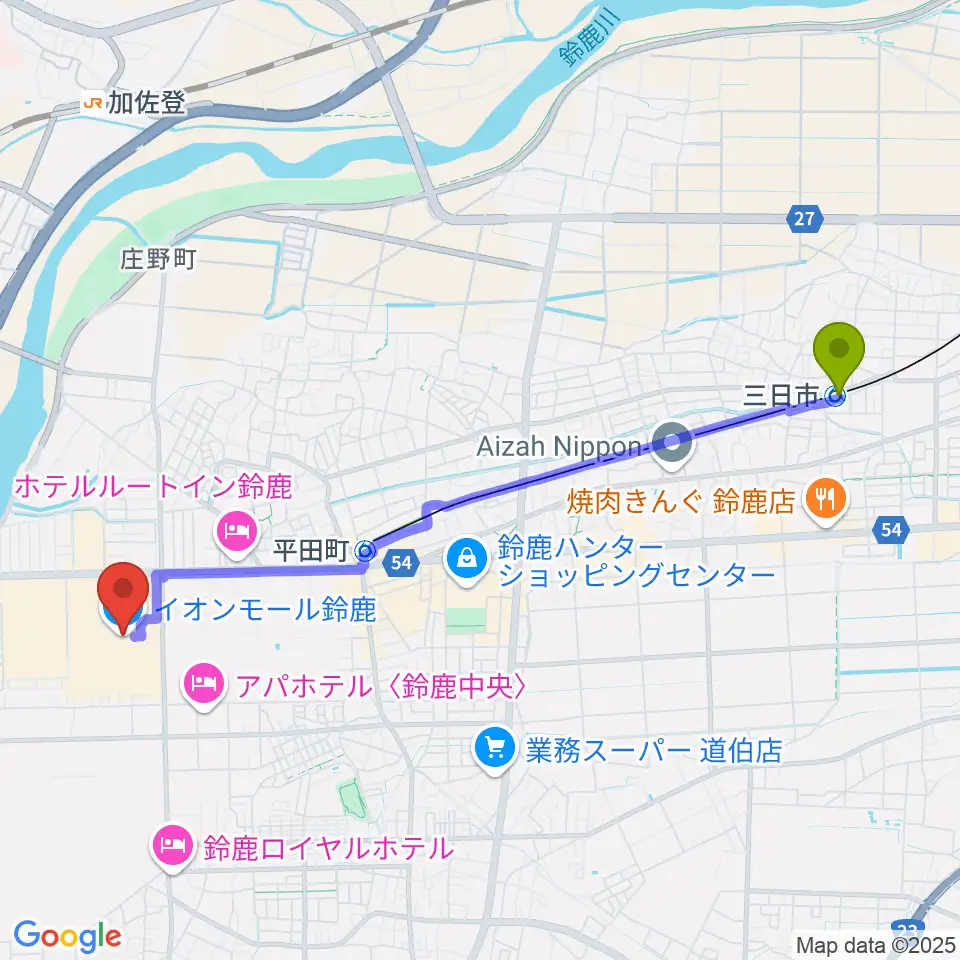 三日市駅からイオンシネマ鈴鹿へのルートマップ地図