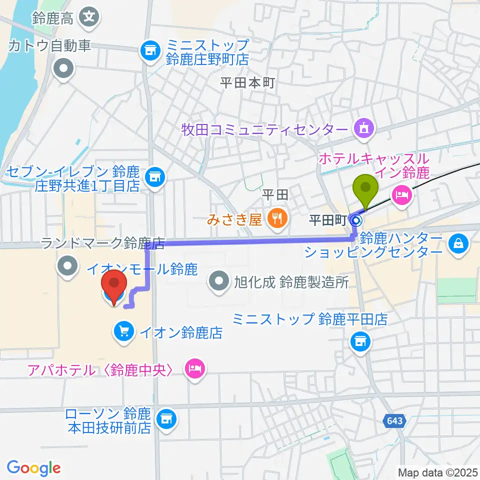 イオンシネマ鈴鹿の最寄駅平田町駅からの徒歩ルート（約18分）地図