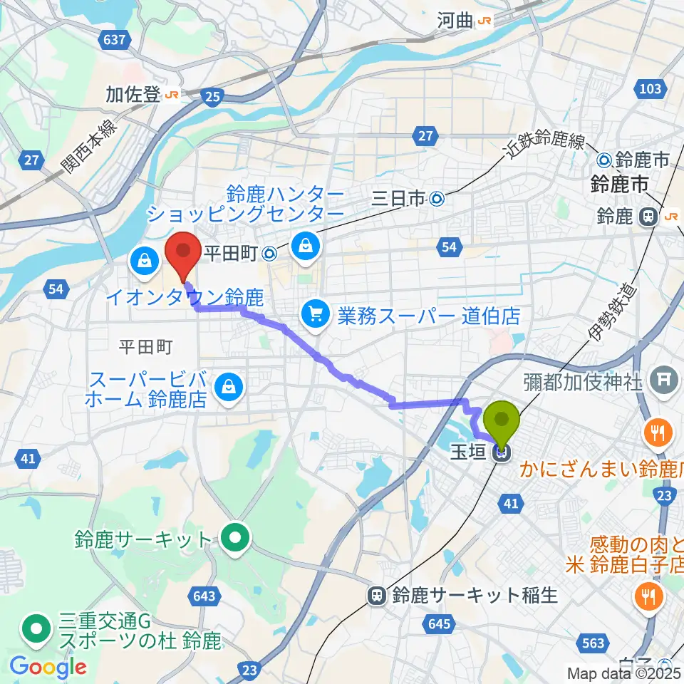 玉垣駅からイオンシネマ鈴鹿へのルートマップ地図
