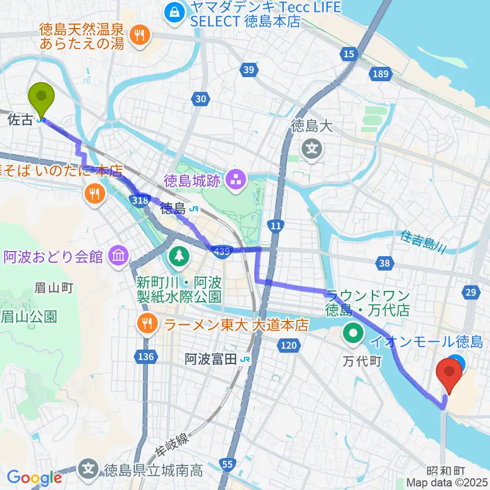 佐古駅からイオンシネマ徳島へのルートマップ地図
