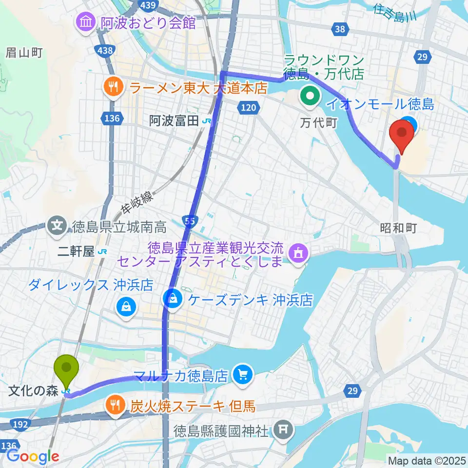 文化の森駅からイオンシネマ徳島へのルートマップ地図