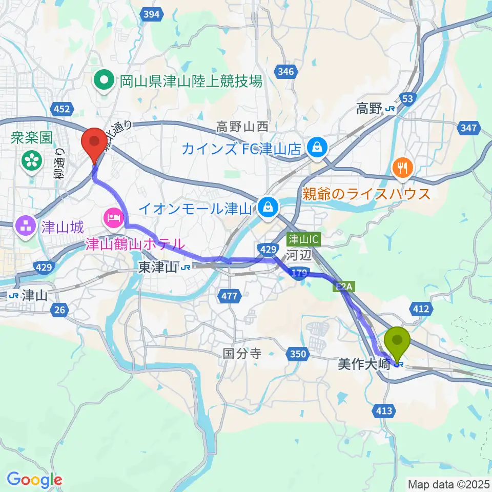 美作大崎駅からヨシダミュージックへのルートマップ地図
