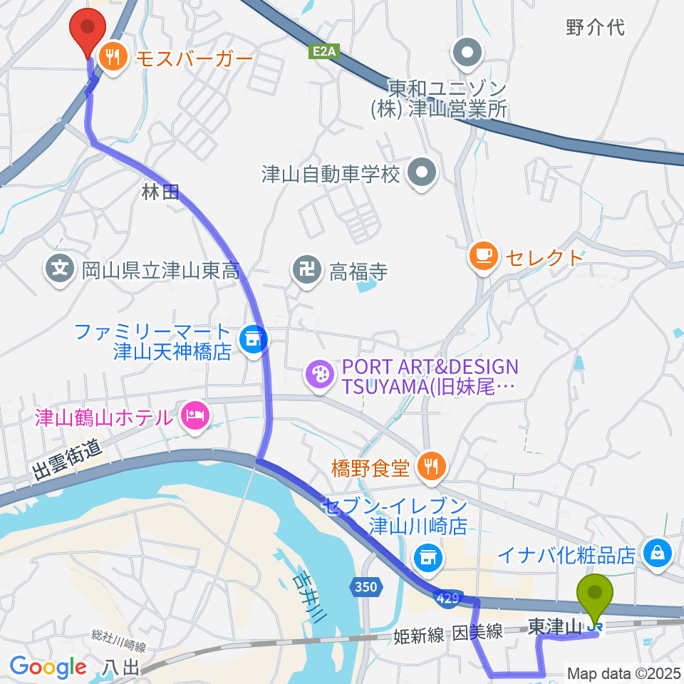 ヨシダミュージックの最寄駅東津山駅からの徒歩ルート（約35分）地図