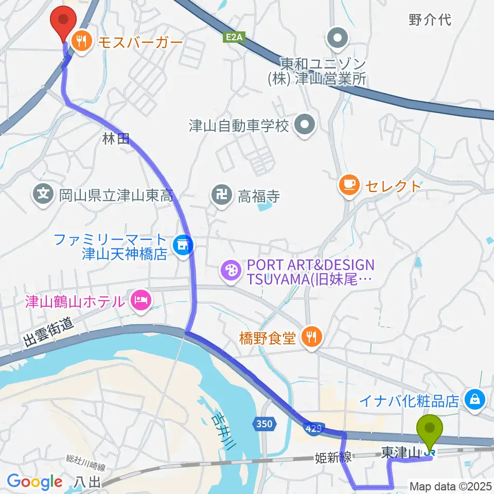 ヨシダミュージックの最寄駅東津山駅からの徒歩ルート（約35分）地図