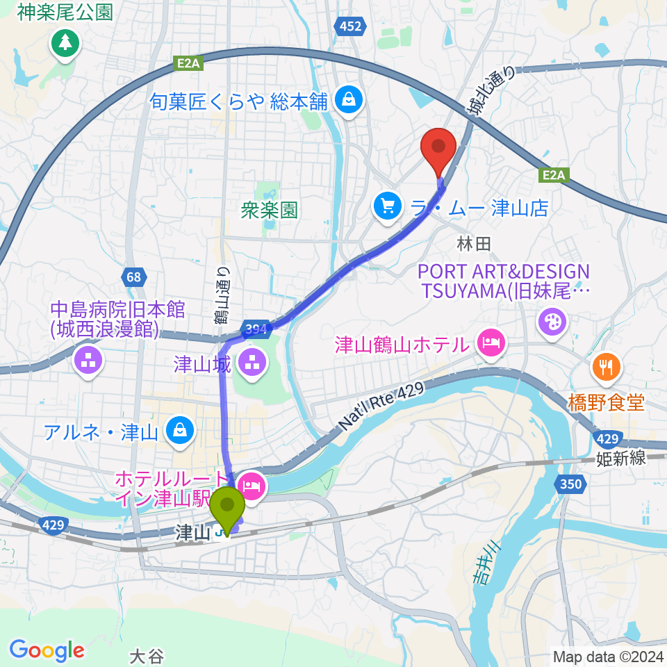 津山駅からヨシダミュージックへのルートマップ地図