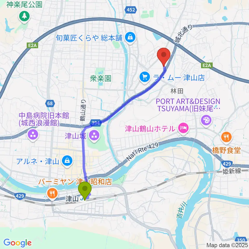 津山駅からヨシダミュージックへのルートマップ地図