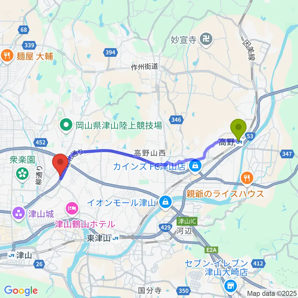 高野駅からヨシダミュージックへのルートマップ地図