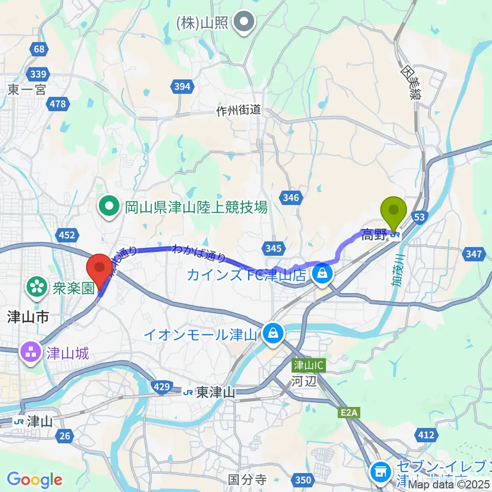 高野駅からヨシダミュージックへのルートマップ地図