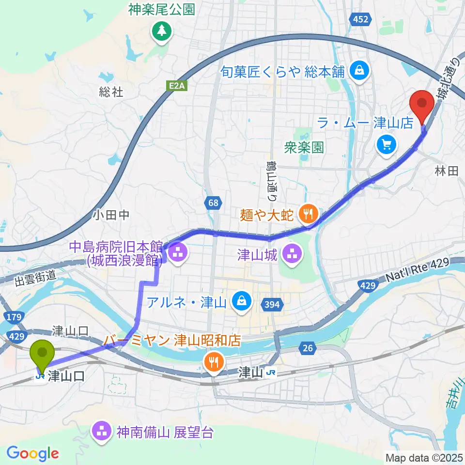 津山口駅からヨシダミュージックへのルートマップ地図