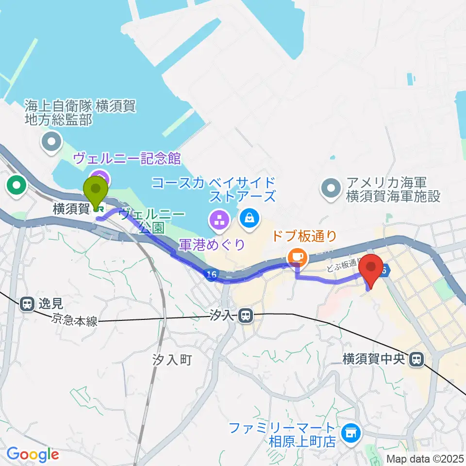 横須賀駅から横須賀GIG acousticへのルートマップ地図