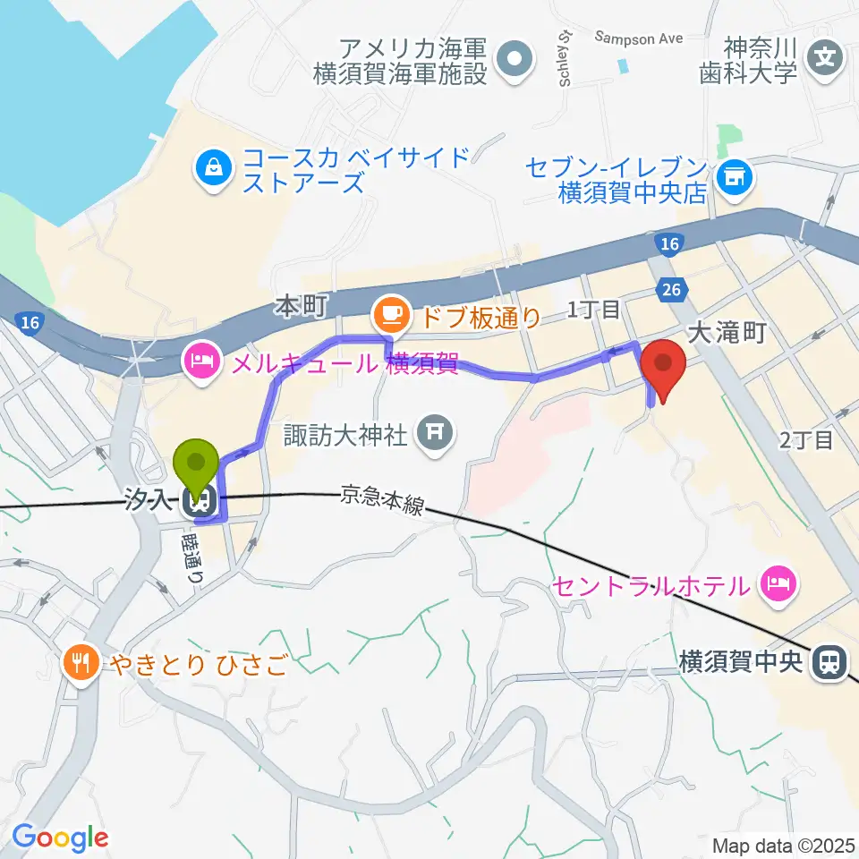 汐入駅から横須賀GIG acousticへのルートマップ地図