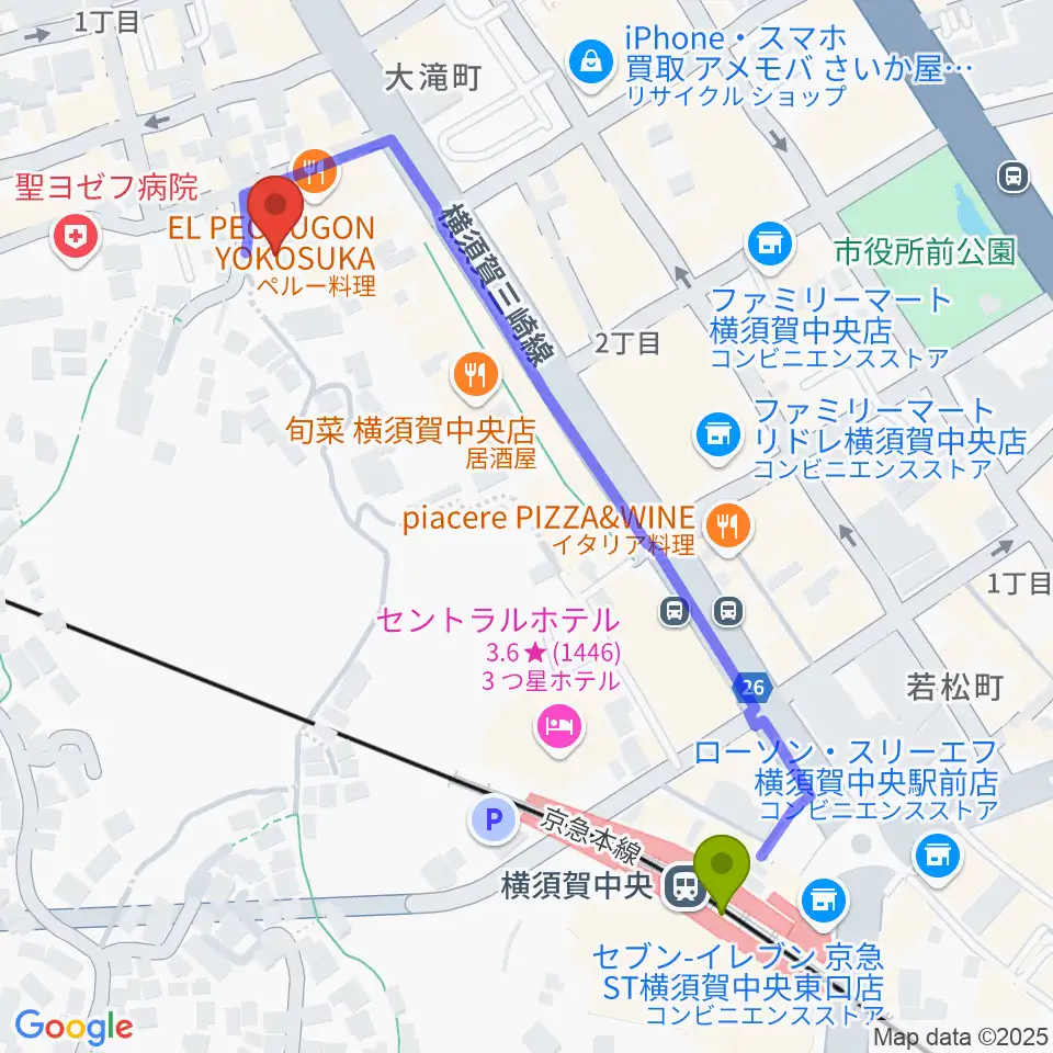 横須賀GIG acousticの最寄駅横須賀中央駅からの徒歩ルート（約6分）地図