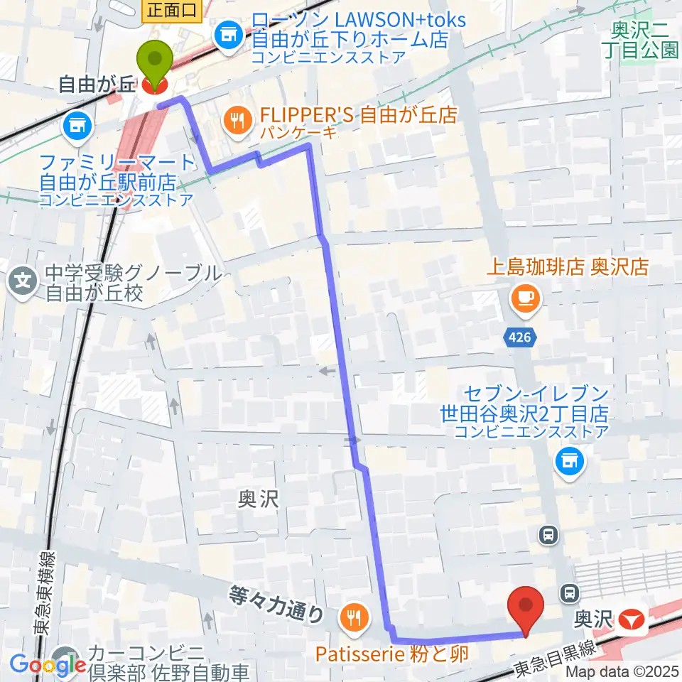 自由が丘駅からスタジオベイド自由が丘店へのルートマップ地図