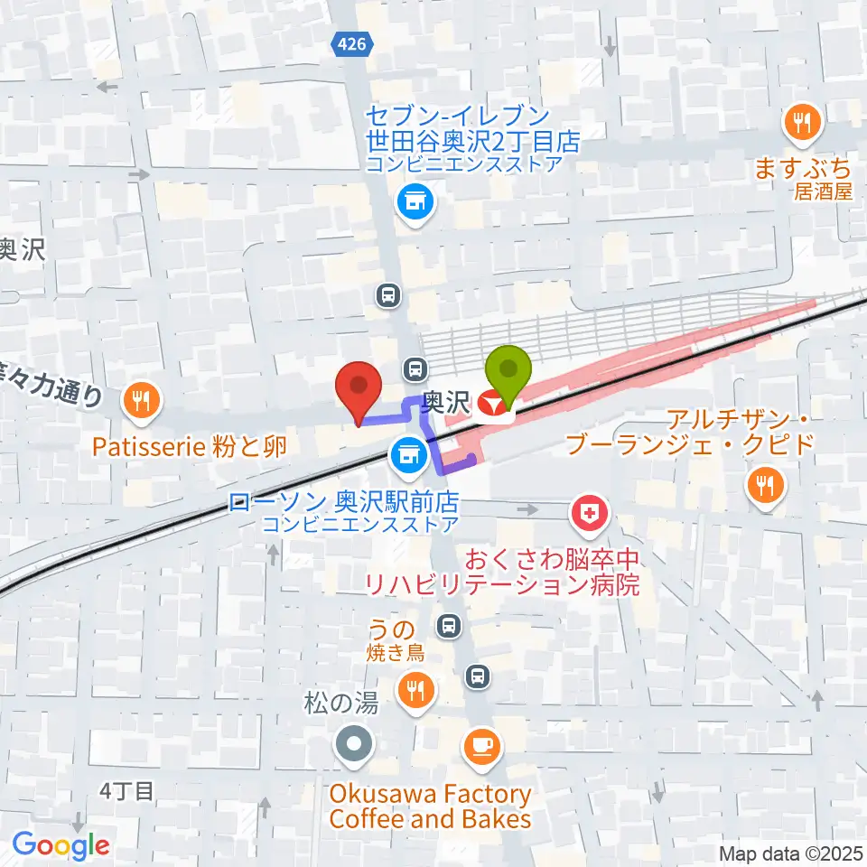 スタジオベイド自由が丘店の最寄駅奥沢駅からの徒歩ルート（約1分）地図