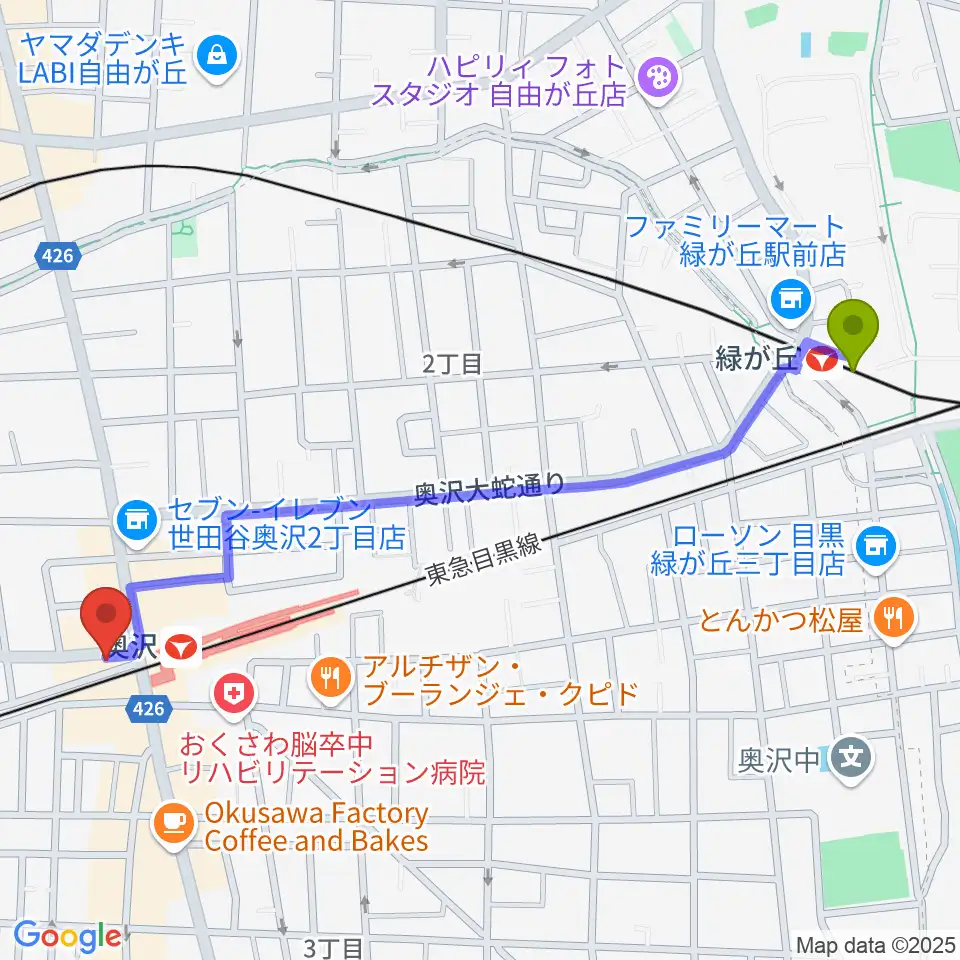 緑が丘駅からスタジオベイド自由が丘店へのルートマップ地図