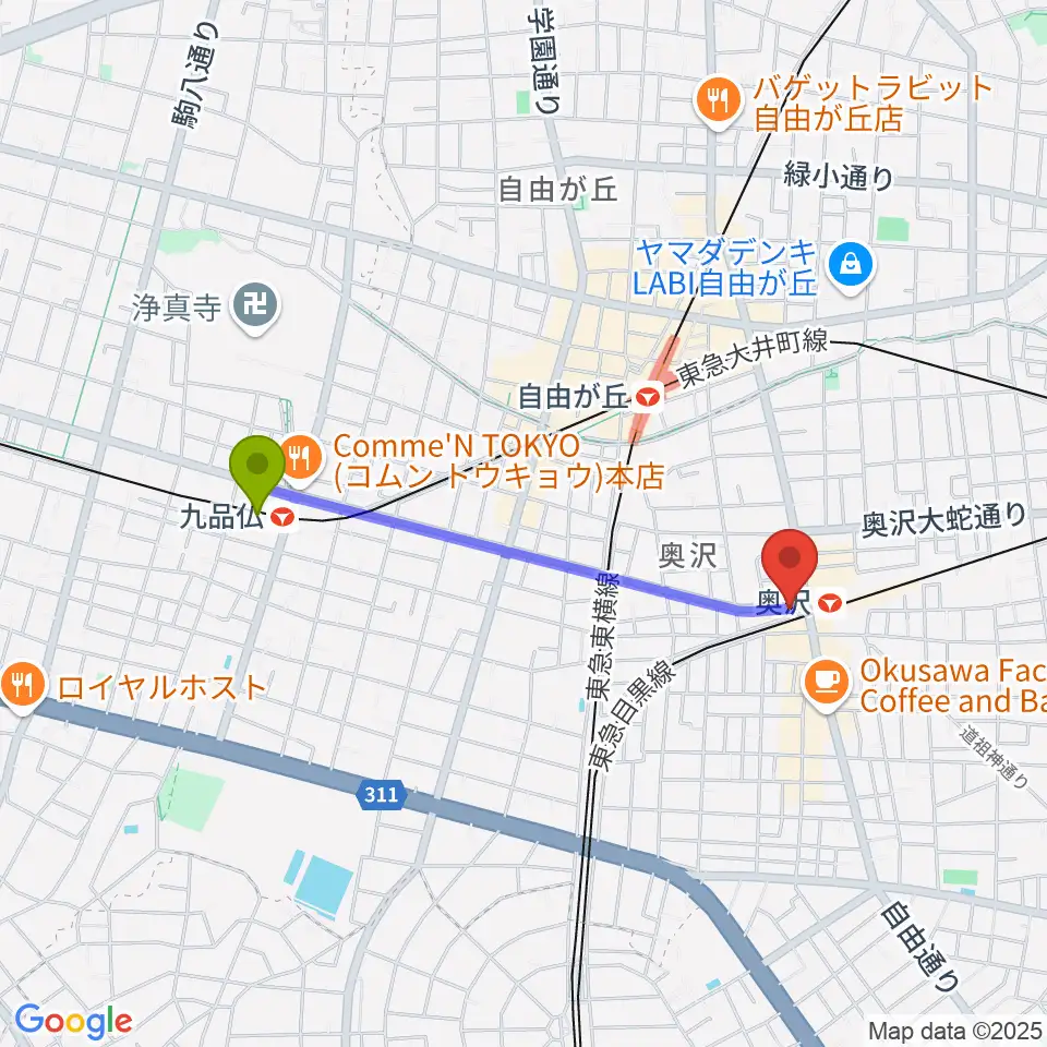 九品仏駅からスタジオベイド自由が丘店へのルートマップ地図