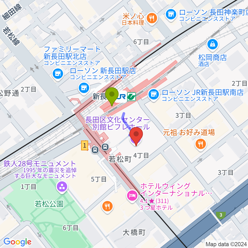 ピフレホール（長田区文化センター別館）の最寄駅新長田駅からの徒歩ルート（約1分）地図