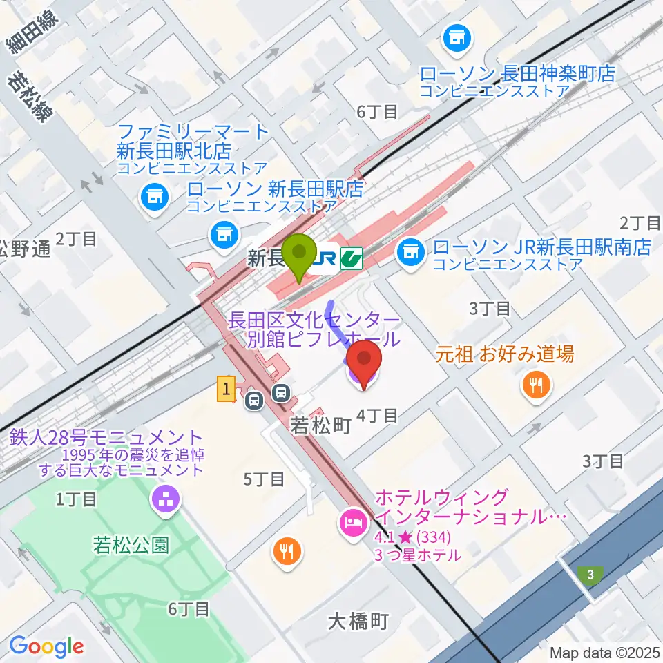 ピフレホール（長田区文化センター別館）の最寄駅新長田駅からの徒歩ルート（約1分）地図