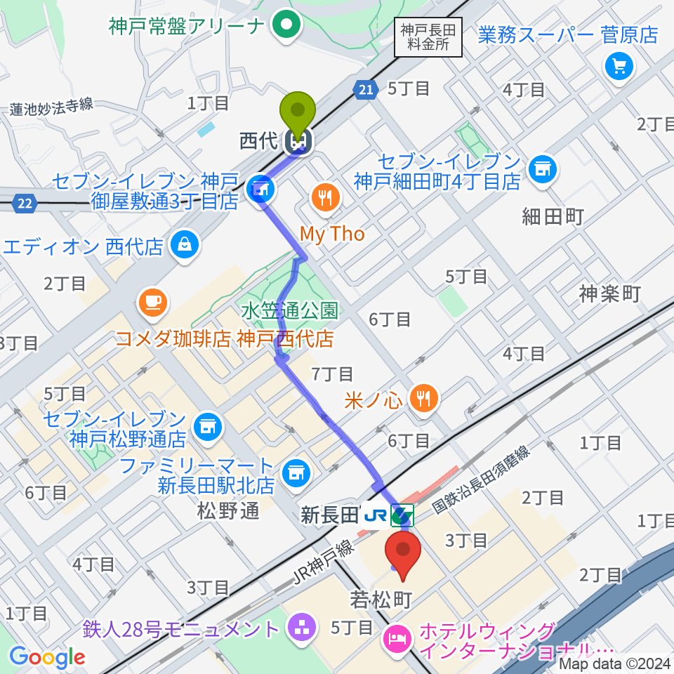 西代駅からピフレホール（長田区文化センター別館）へのルートマップ地図