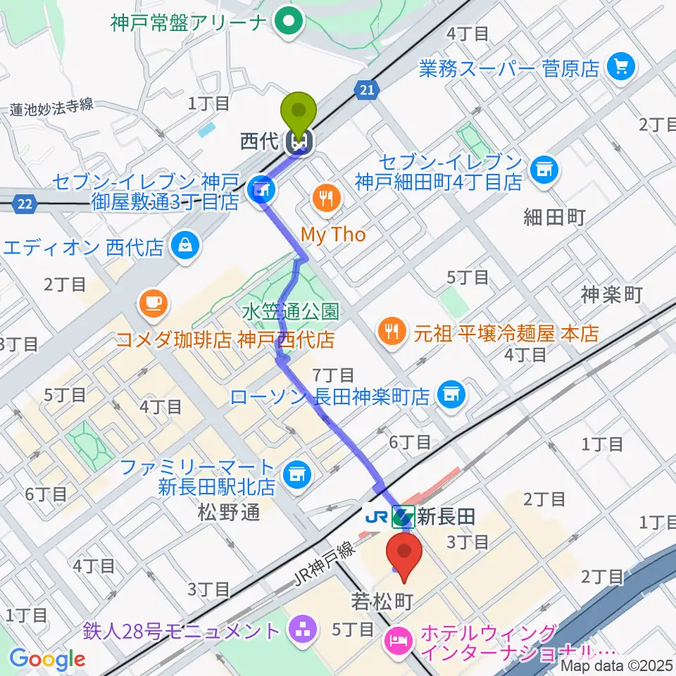 西代駅からピフレホール（長田区文化センター別館）へのルートマップ地図