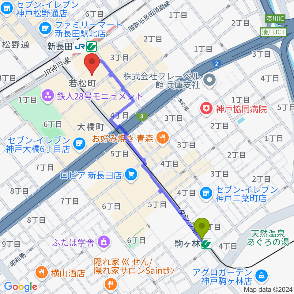 駒ヶ林駅からピフレホール（長田区文化センター別館）へのルートマップ地図