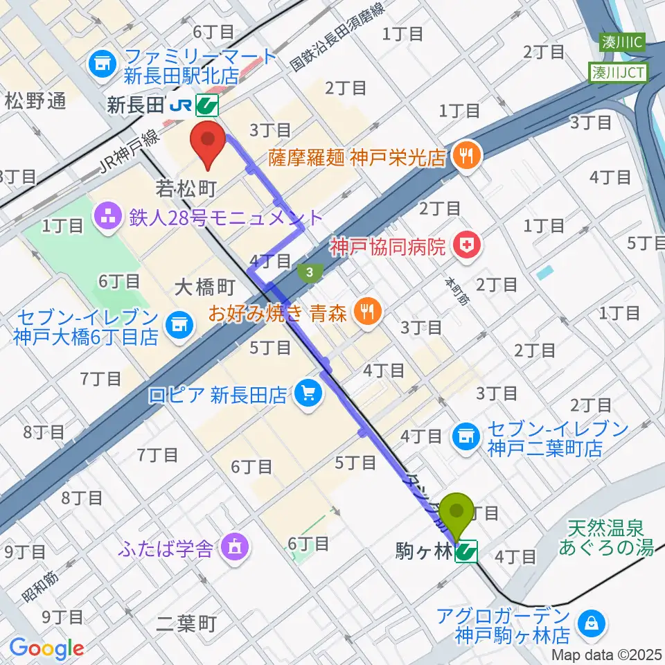 駒ヶ林駅からピフレホール（長田区文化センター別館）へのルートマップ地図