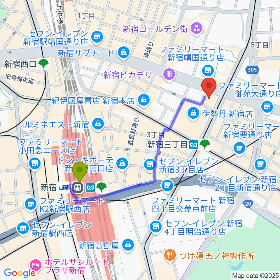 新宿駅からテアトル新宿へのルートマップ地図