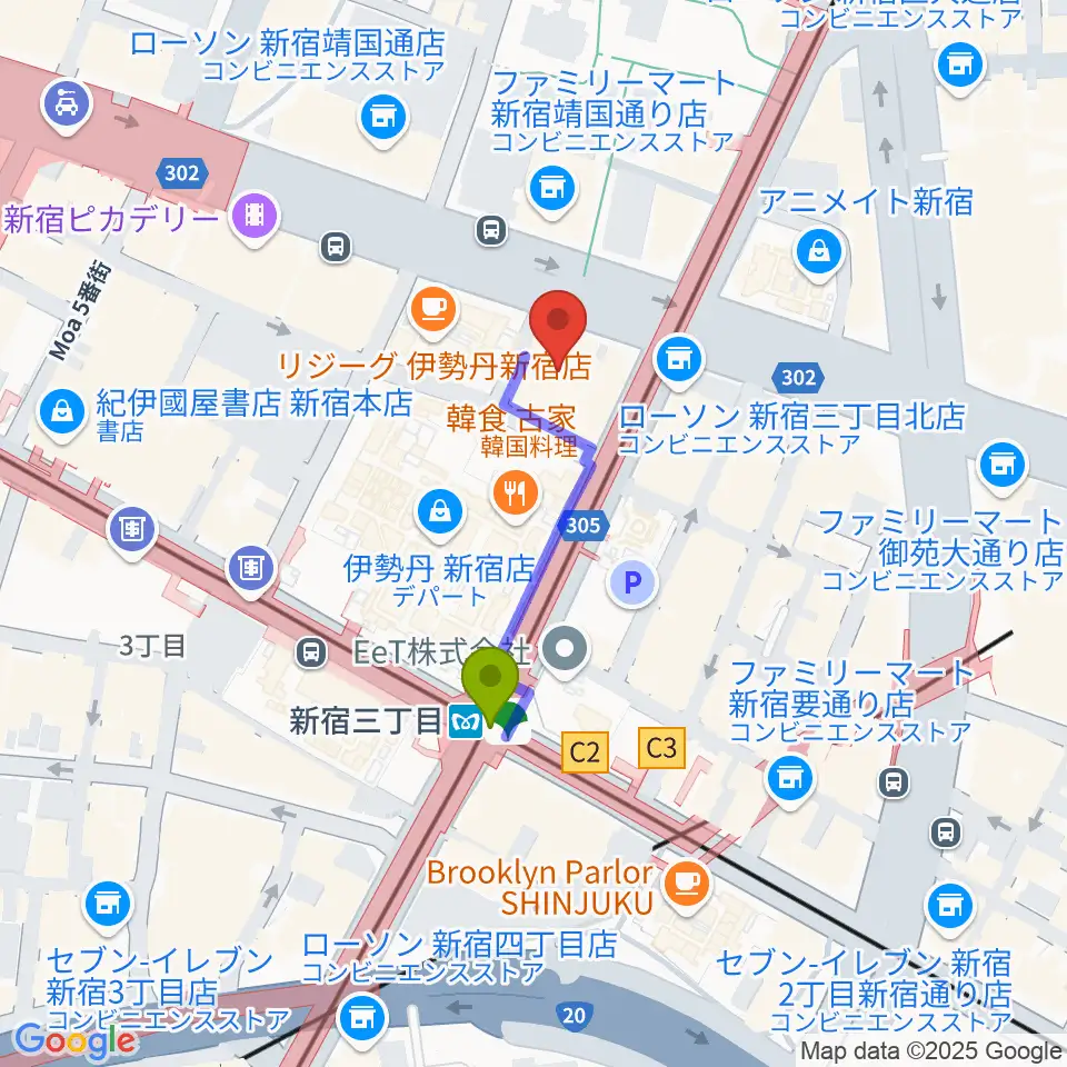 テアトル新宿の最寄駅新宿三丁目駅からの徒歩ルート（約3分）地図