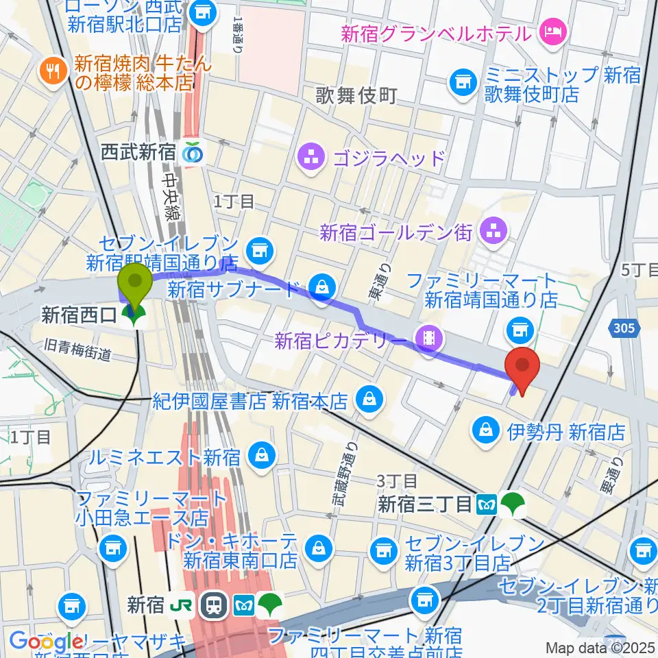 新宿西口駅からテアトル新宿へのルートマップ地図