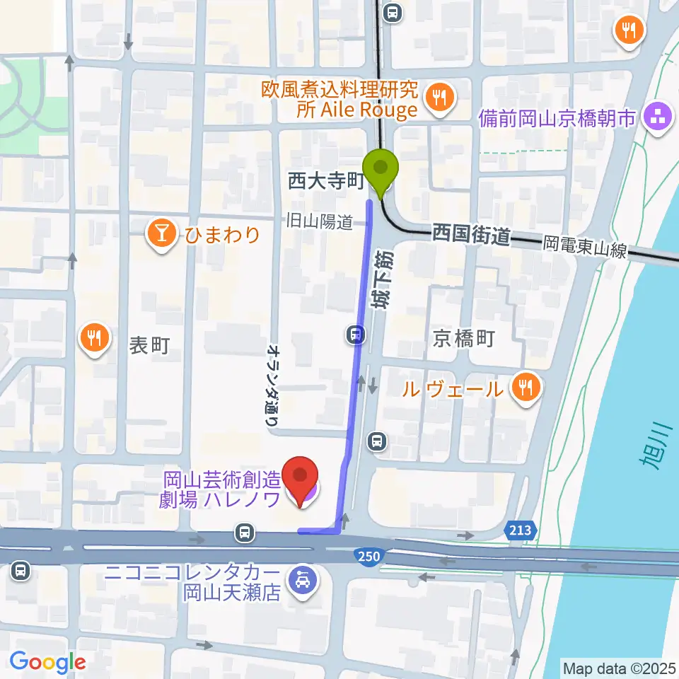 岡山芸術創造劇場ハレノワの最寄駅西大寺町駅からの徒歩ルート（約4分）地図