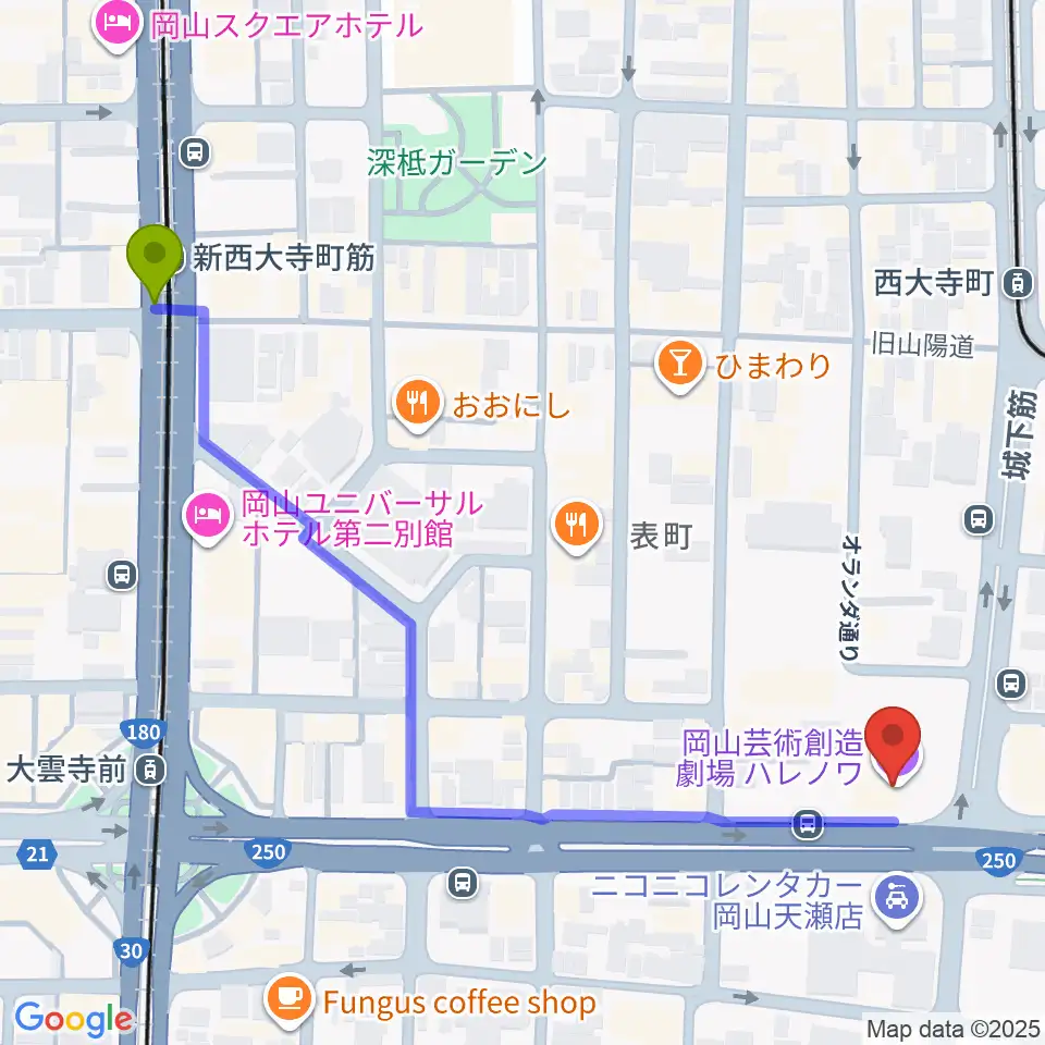 新西大寺町筋駅から岡山芸術創造劇場ハレノワへのルートマップ地図