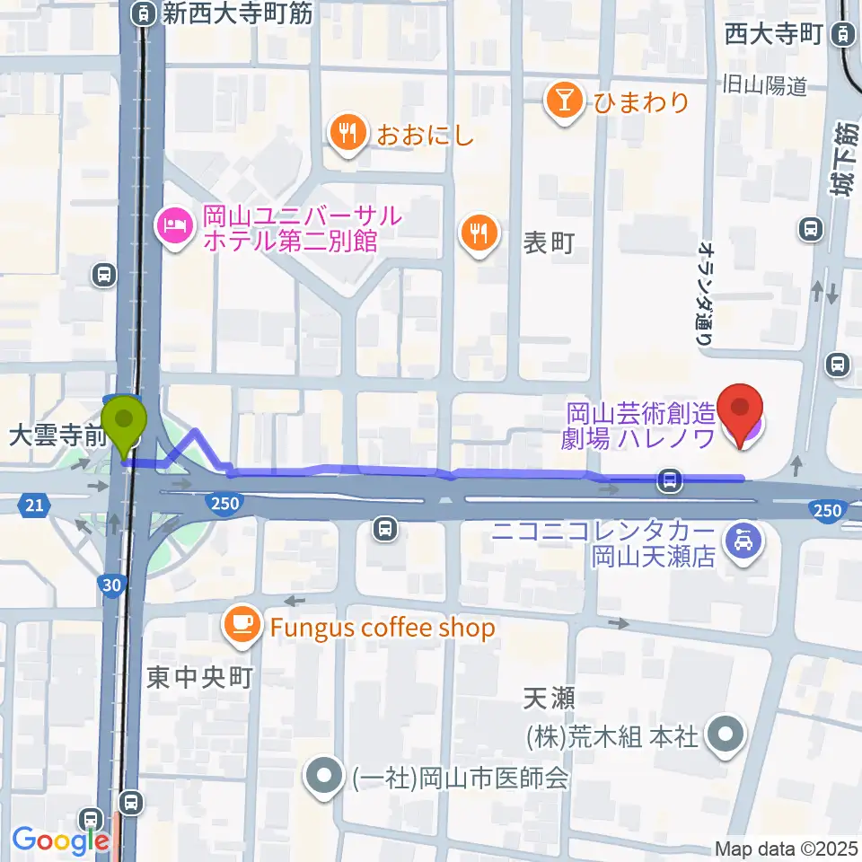 大雲寺前駅から岡山芸術創造劇場ハレノワへのルートマップ地図