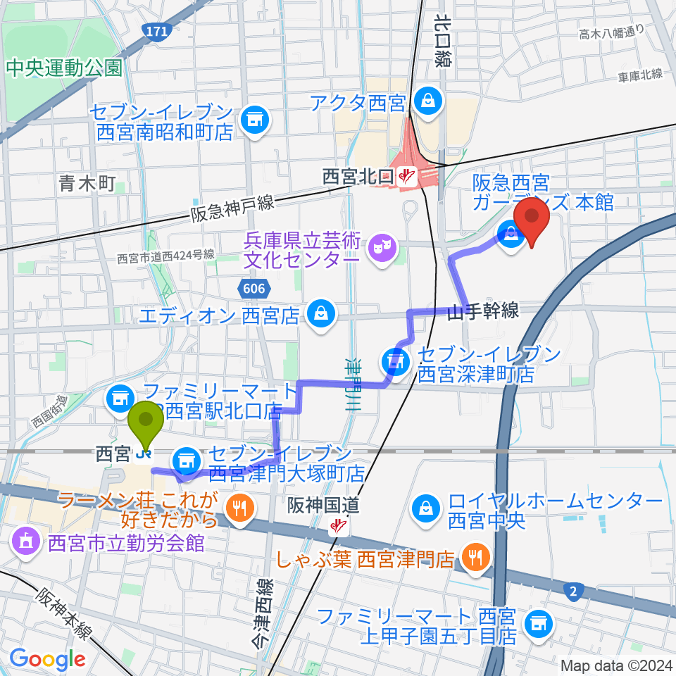 西宮駅から山野楽器 西宮ガーデンズ店へのルートマップ地図