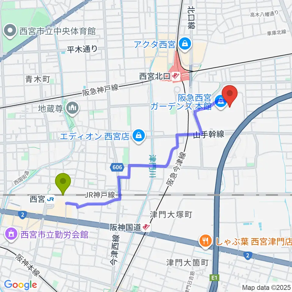 西宮駅から山野楽器 西宮ガーデンズ店へのルートマップ地図