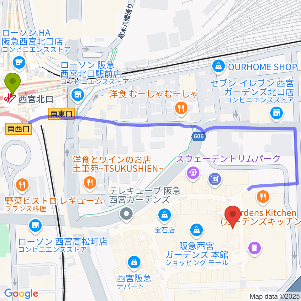 山野楽器 西宮ガーデンズ店の最寄駅西宮北口駅からの徒歩ルート（約7分）地図