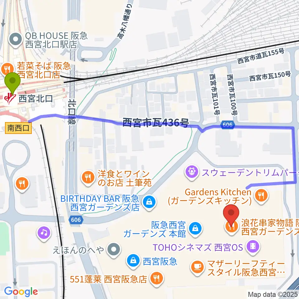 山野楽器 西宮ガーデンズ店の最寄駅西宮北口駅からの徒歩ルート（約7分）地図