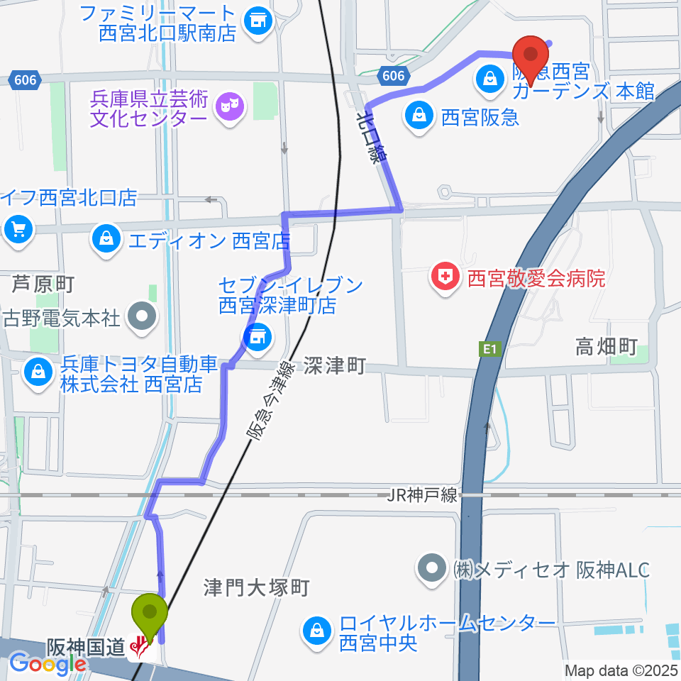 阪神国道駅から山野楽器 西宮ガーデンズ店へのルートマップ地図