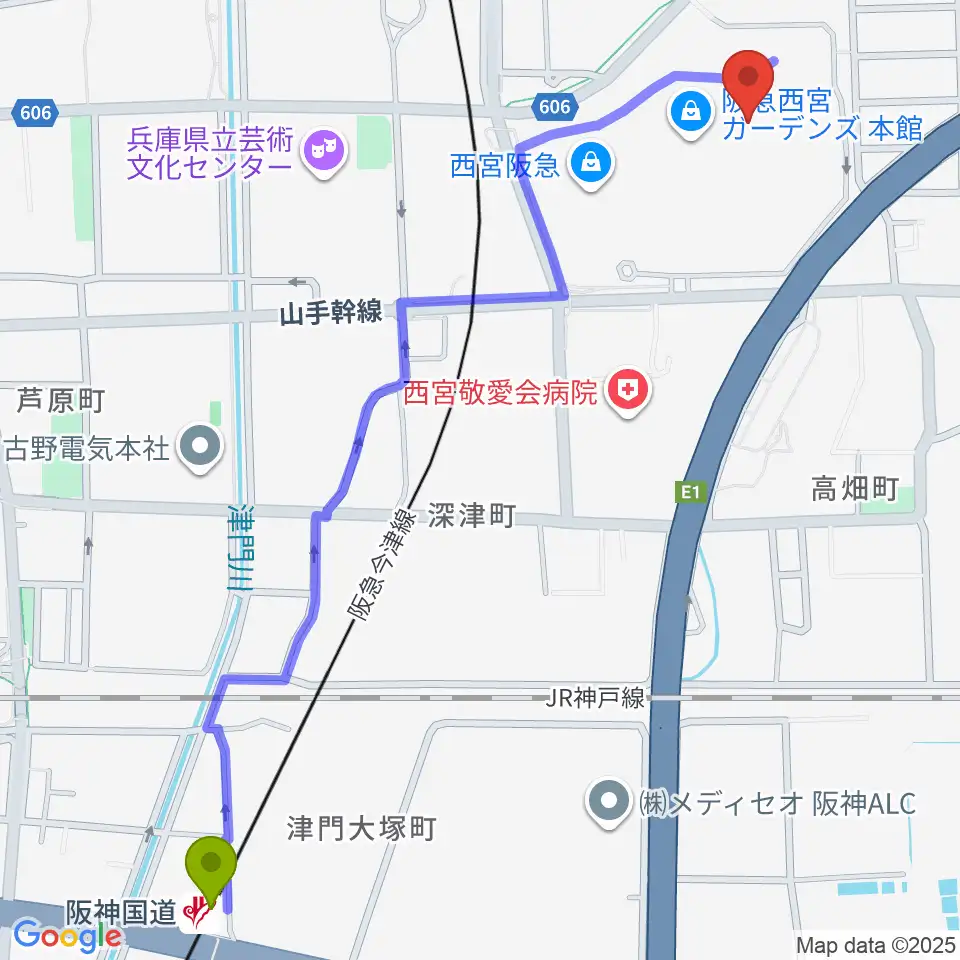 阪神国道駅から山野楽器 西宮ガーデンズ店へのルートマップ地図