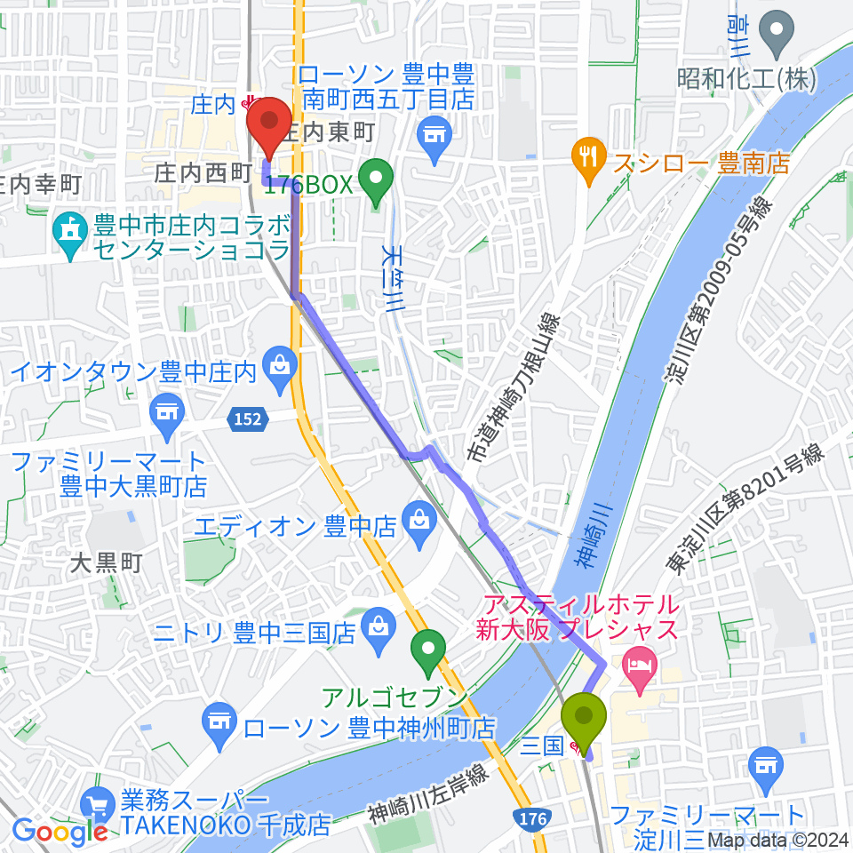 三国駅からMines Guitar Studioへのルートマップ地図