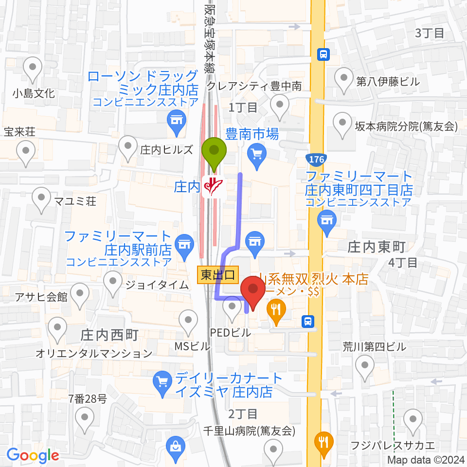 Mines Guitar Studioの最寄駅庄内駅からの徒歩ルート（約2分）地図