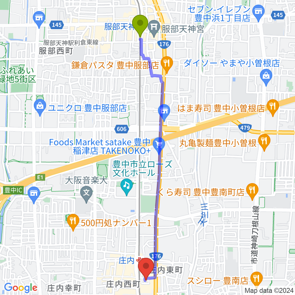 服部天神駅からMines Guitar Studioへのルートマップ地図