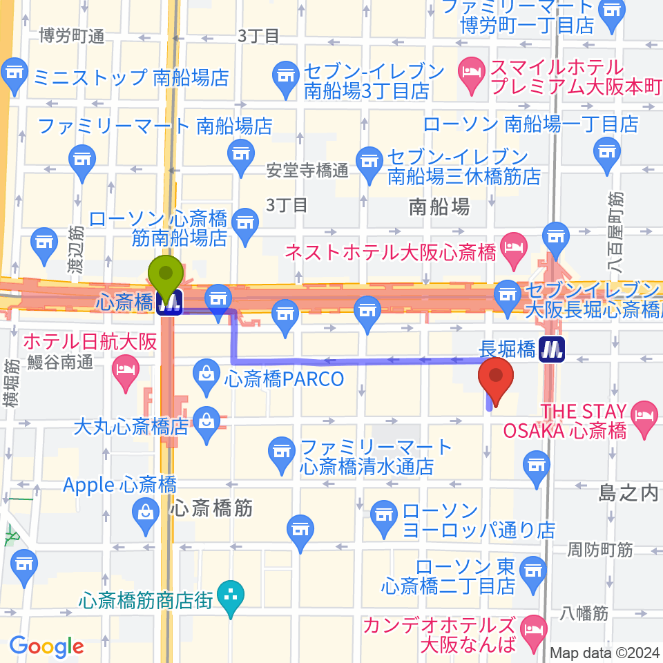 心斎橋駅から心斎橋ギター教室へのルートマップ地図