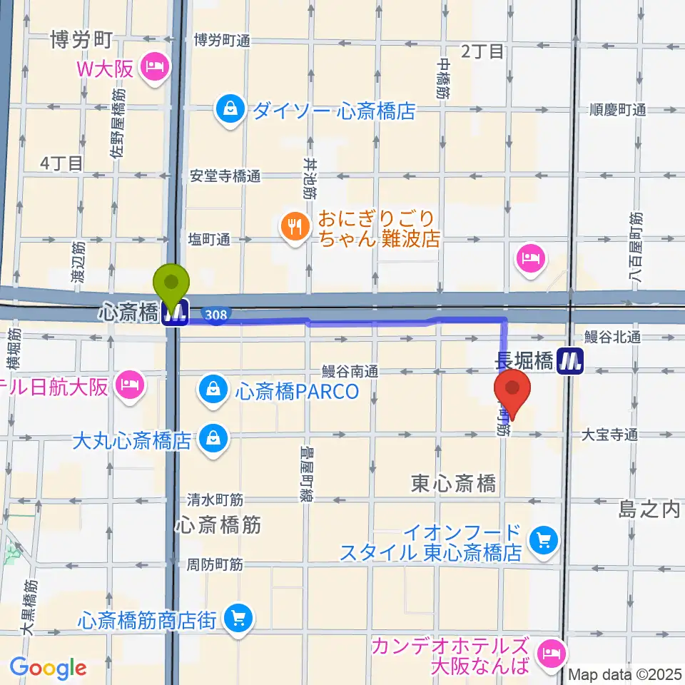 心斎橋駅から心斎橋ギター教室へのルートマップ地図