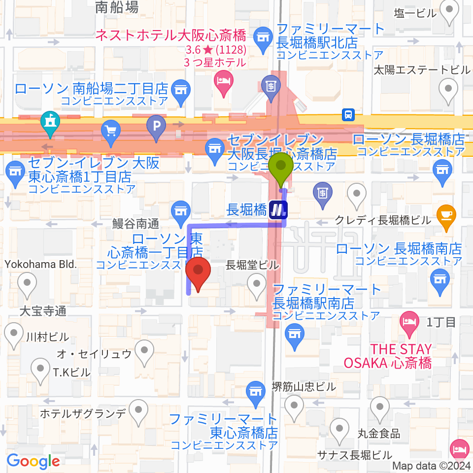 心斎橋ギター教室の最寄駅長堀橋駅からの徒歩ルート（約2分）地図