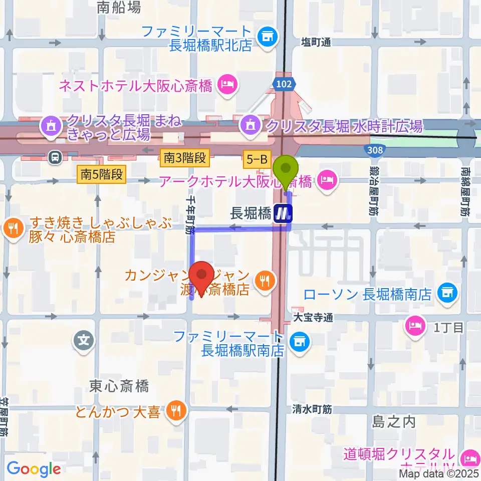 心斎橋ギター教室の最寄駅長堀橋駅からの徒歩ルート（約2分）地図