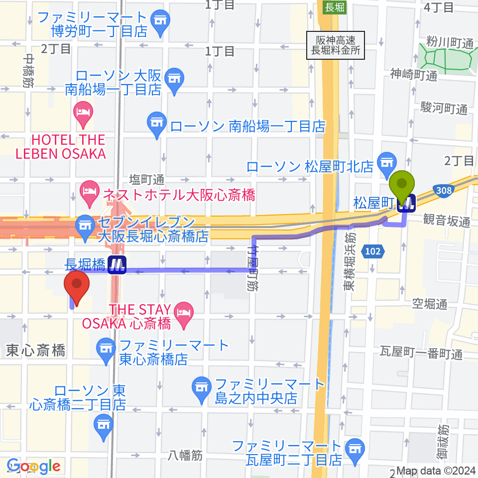 松屋町駅から心斎橋ギター教室へのルートマップ地図