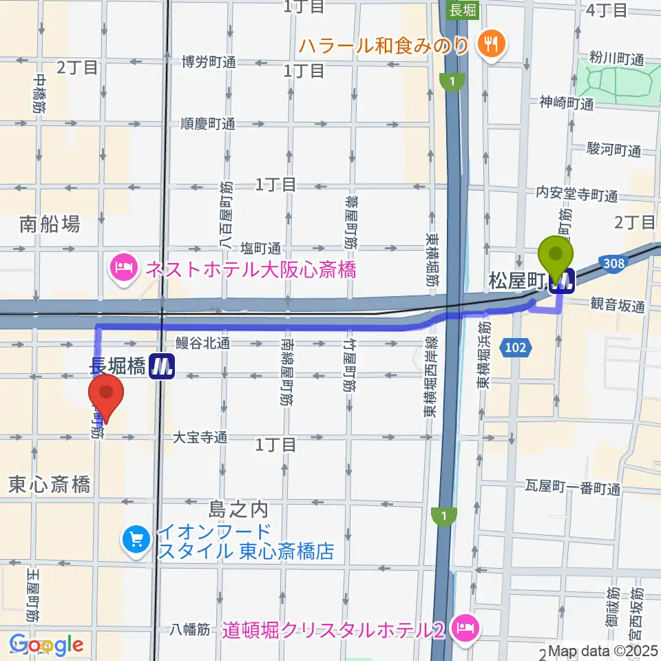 松屋町駅から心斎橋ギター教室へのルートマップ地図