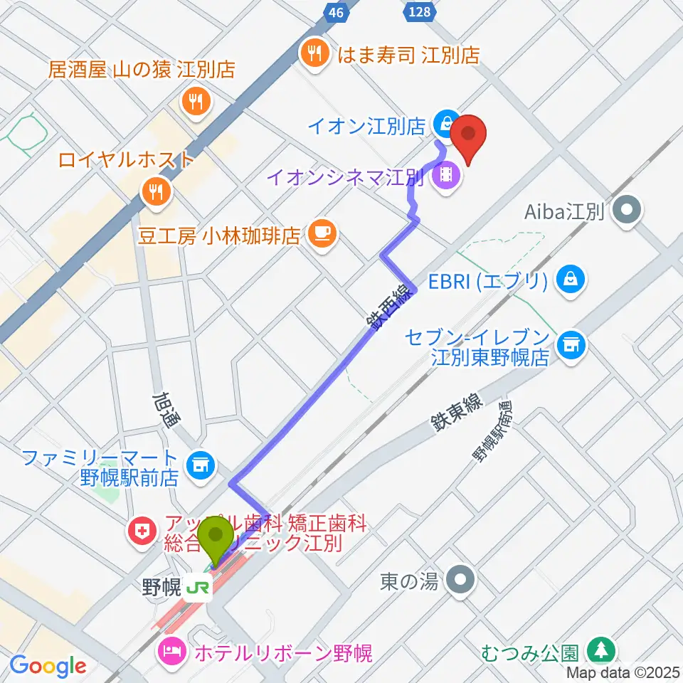 イオンシネマ江別の最寄駅野幌駅からの徒歩ルート（約10分）地図