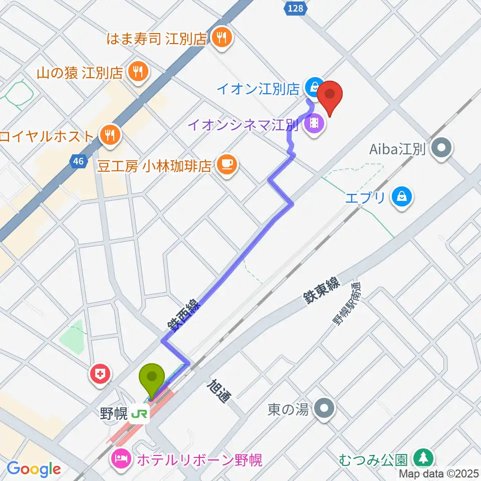 イオンシネマ江別の最寄駅野幌駅からの徒歩ルート（約10分）地図